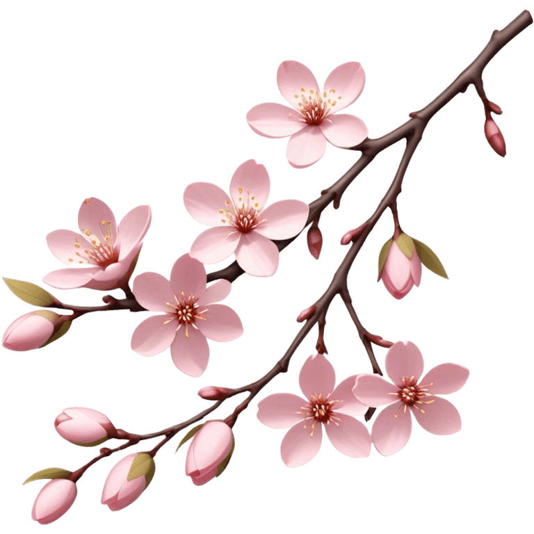 Cinematic Realistic Sakura Flowers on a Branch, depicted as delicate, soft pink blossoms gracefully adorning a slender, gently twisted branch, illuminated by subtle, warm natural light that accentuates their ethereal beauty and transient charm, poetic spring scene emoji