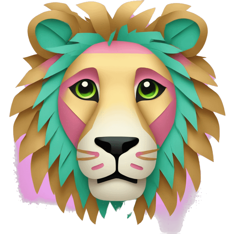 lion made of colourful cyan pink gold piñata paper strips with green eyes emoji