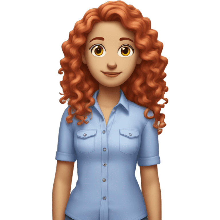 white girl with long red curly hair, wearing a pastel periwinkle shirt doing a pose emoji