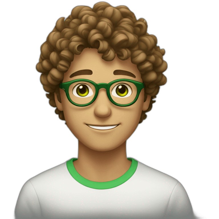 light tanned skin 19 year old guy with green eyes and curly brown hair and circular green glasses emoji