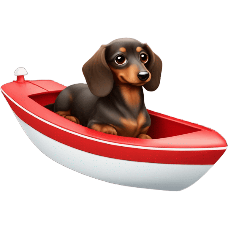 Long haired mini dachshund shaded red in speedboat emoji