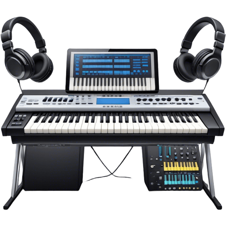 Create a professional and artistic emoji that represents writing music tracks. The design should feature a large monitor displaying musical notes or a score, positioned in front of a professional Korg synthesizer. Add elements like studio headphones, a MIDI keyboard, and an audio interface to symbolize the tools used in music production. Use sleek, modern colors like silver, black, and neon accents to convey the professional environment of music composition. The background should be transparent. emoji