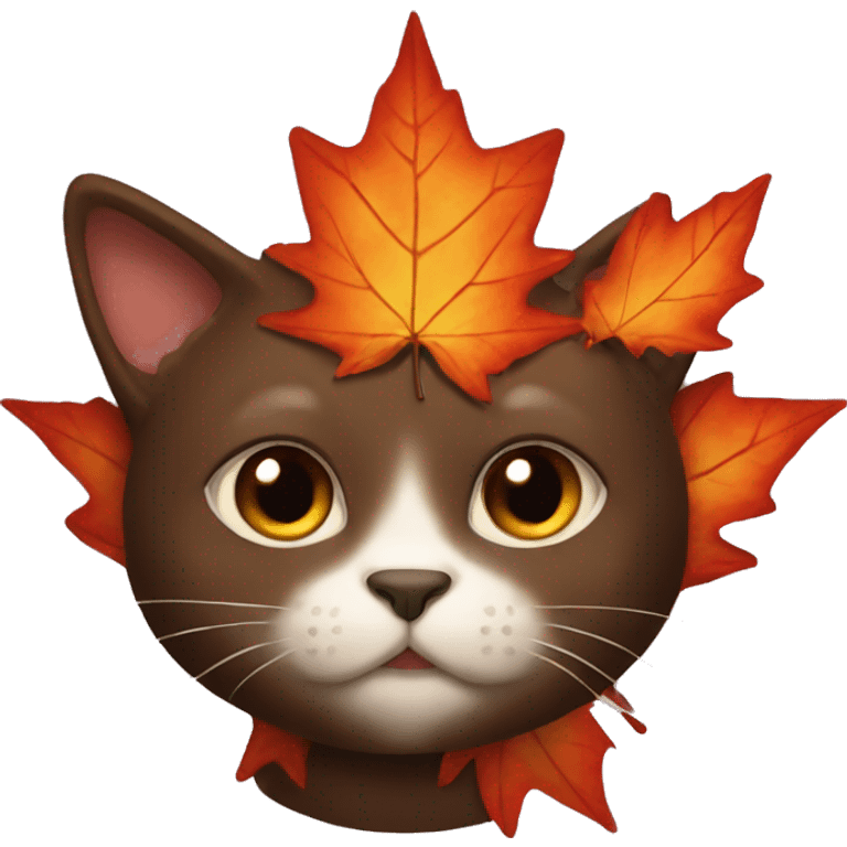 Dark brown cat dressed as maple leaf emoji