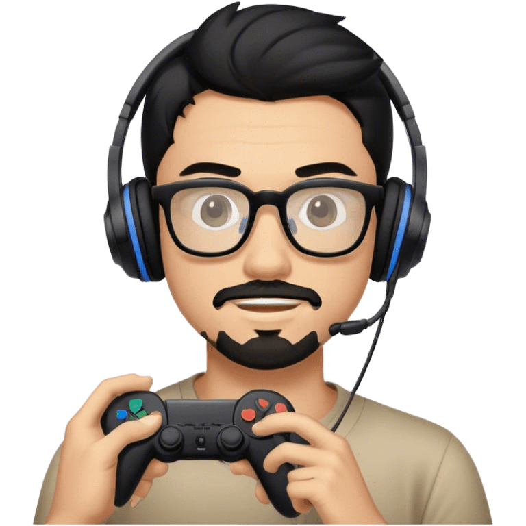 Muchacho guapo con cabello negro con lentes con barba de candado con audífonos jugando playstation  emoji