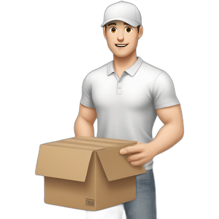 Pale skinned fit Man with dark brown hair in a white cap, gray jeans and gray polo T-shirt keeping a pasted box into his hands emoji