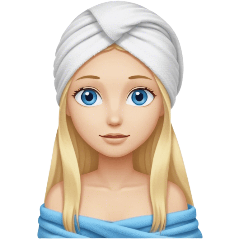 Cinematic realistic blonde with long hair and blue eyes, with a towel on her head emoji