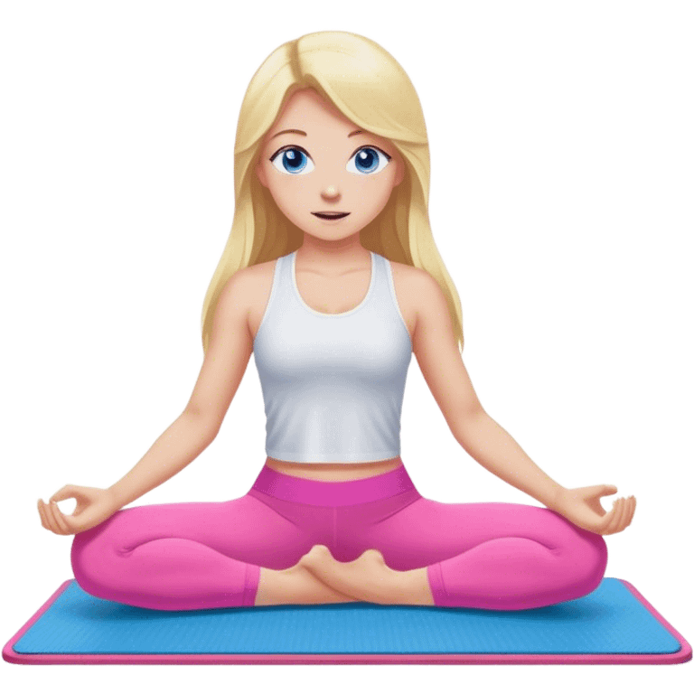 A cinematically realistic blonde with long hair and blue eyes, dressed in a white top and pink leggings, performs a sports exercise on a mat emoji