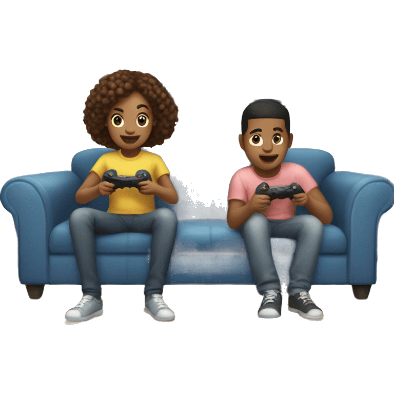 Bi racial Brother and sister playing a video game in front of tv  emoji