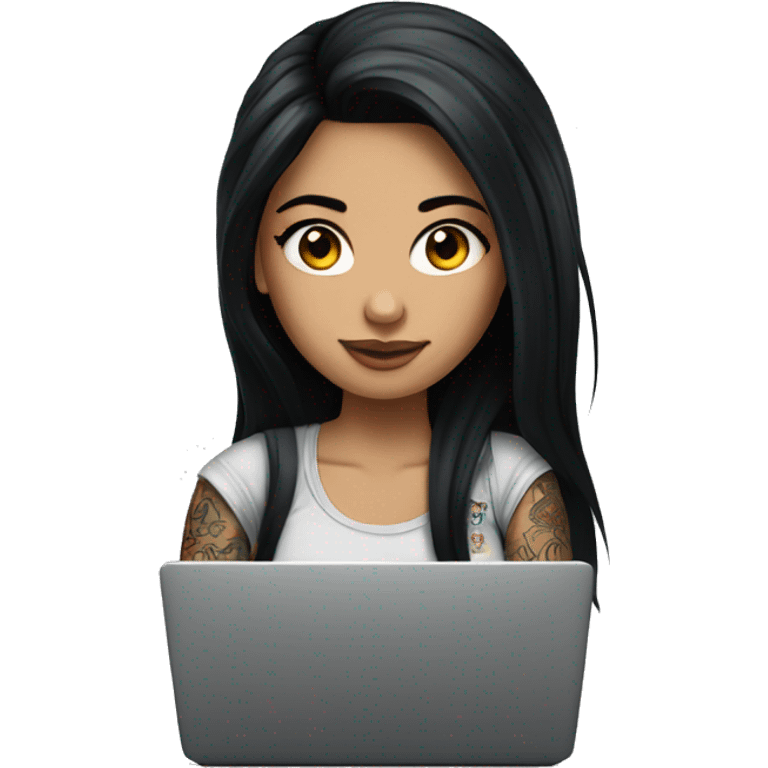 beautiful girl with tattoos, with long black hair, with laptop emoji