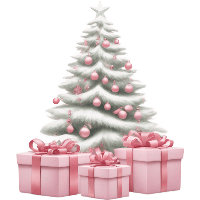 Light pink Christmas gifts under a white Christmas tree  emoji