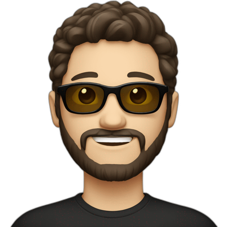 person short dark brown hair, goatee style beard with sunglasses. White background, simple black tshirt. smiling. white skin emoji