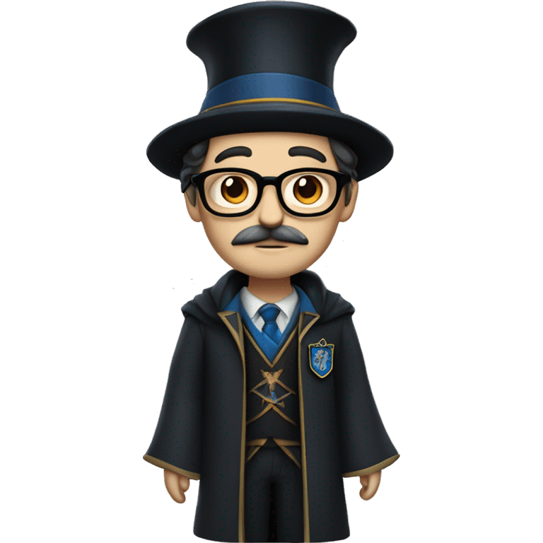 man with white skin, black longer hair, mustache, glasses, with a magic hat, ravenclaw emoji