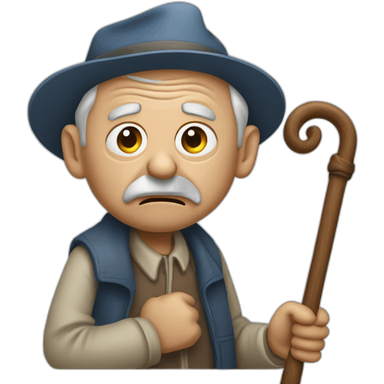 Old man leaning on a walking cane and holding his crancky back with his hand, grumpy face, detailed emoji