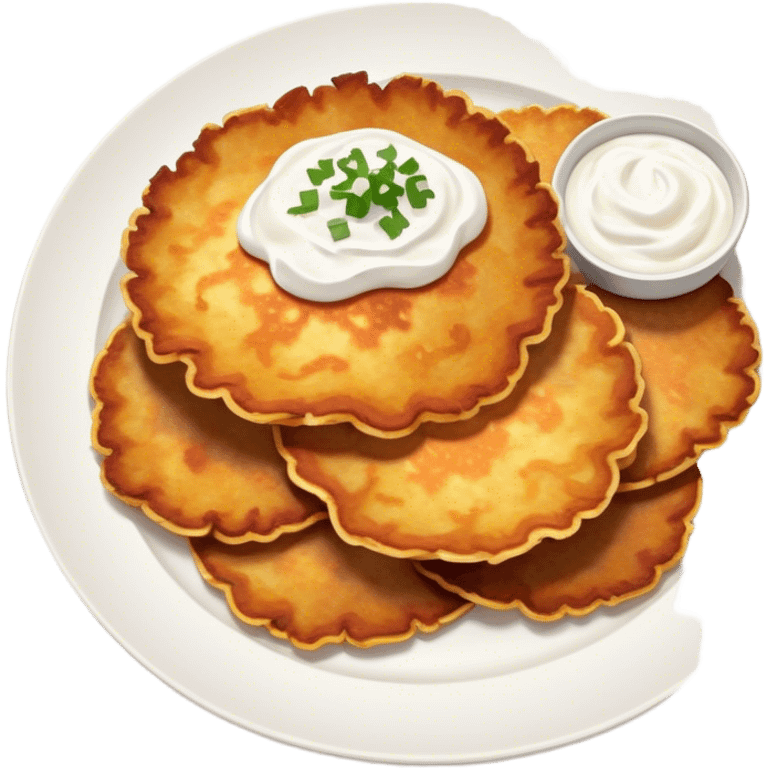 Cinematic Realistic Placki Ziemniaczane Dish Emoji, depicted as crispy potato pancakes served with sour cream rendered with vivid textures and warm, appetizing lighting. emoji