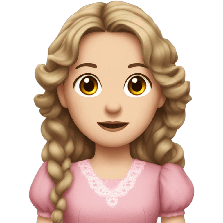 Carrie Ingalls pretty with long dark brown wavy hair realistic and detailed pink dress emoji