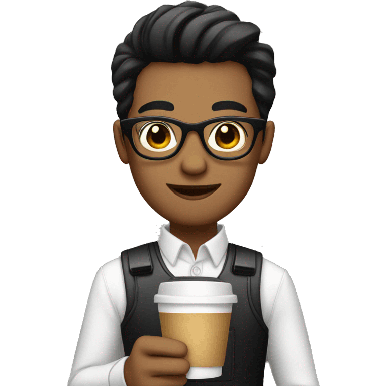 Barista with black hair, white skin, wearing glasses, and holding a coffe emoji