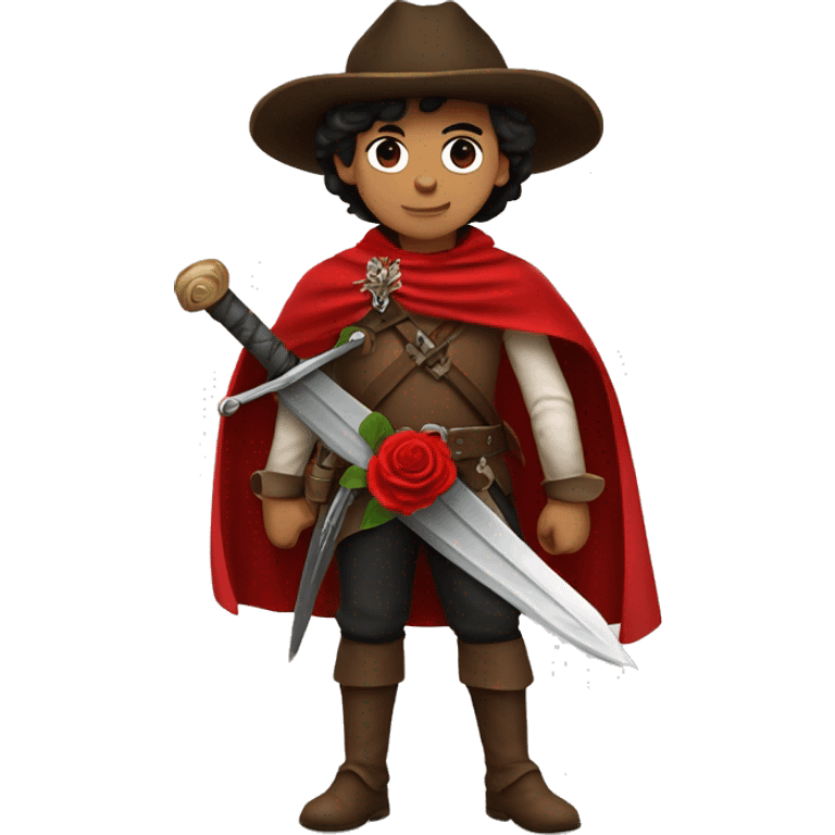 canela skin boy dark hair musketeer with hat and red rose shoulder medieval cape and sword emoji