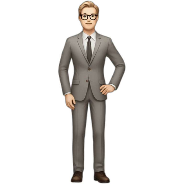 Full height Pale skinned Fit Man With dark brown hair in classic gray suit, beige office shirt, dark gray tie, and vintage glasses. His right hand stretched out emoji