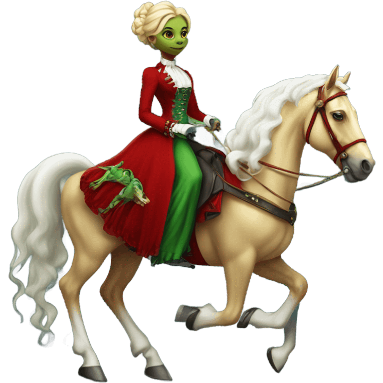 "galora green blonde alien woman" in red Victorian elegant dress, full body, rides horse gold and white
 emoji