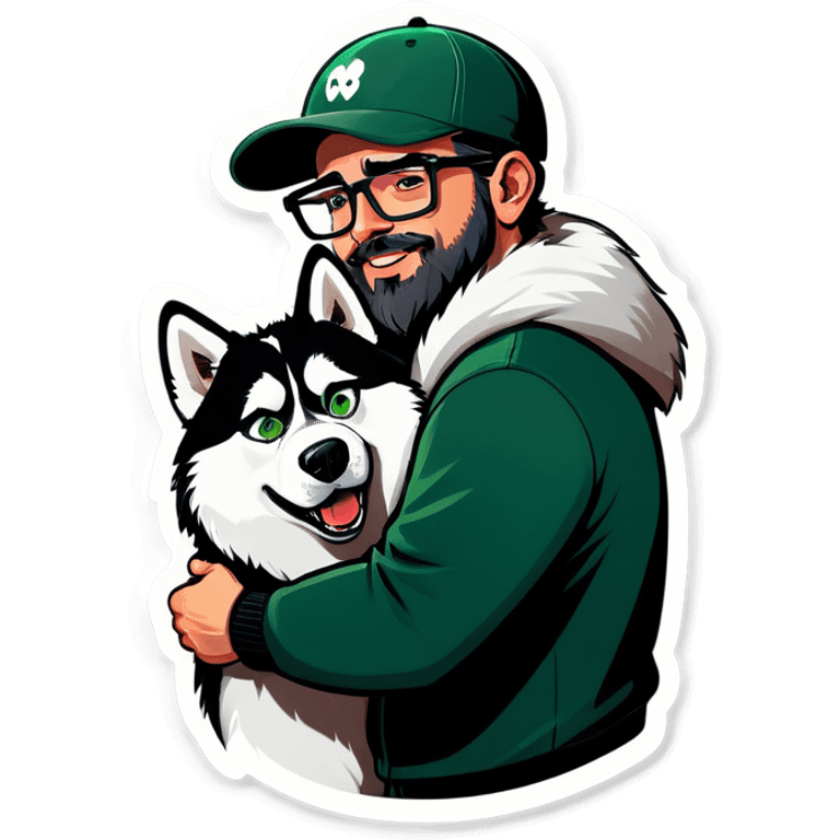 A bold man with a grey baseball cap, green eyes, big beard and glasses hugging a husky emoji