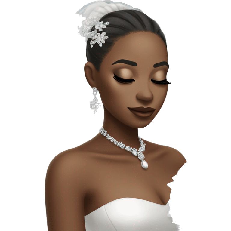 African bride. Glitter makeup. Sleek low ponytail. Silver jewelry. Holding flowers. Eyes closed. emoji