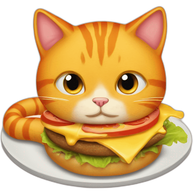 An orange-colred cat devouring a cheeseburger emoji