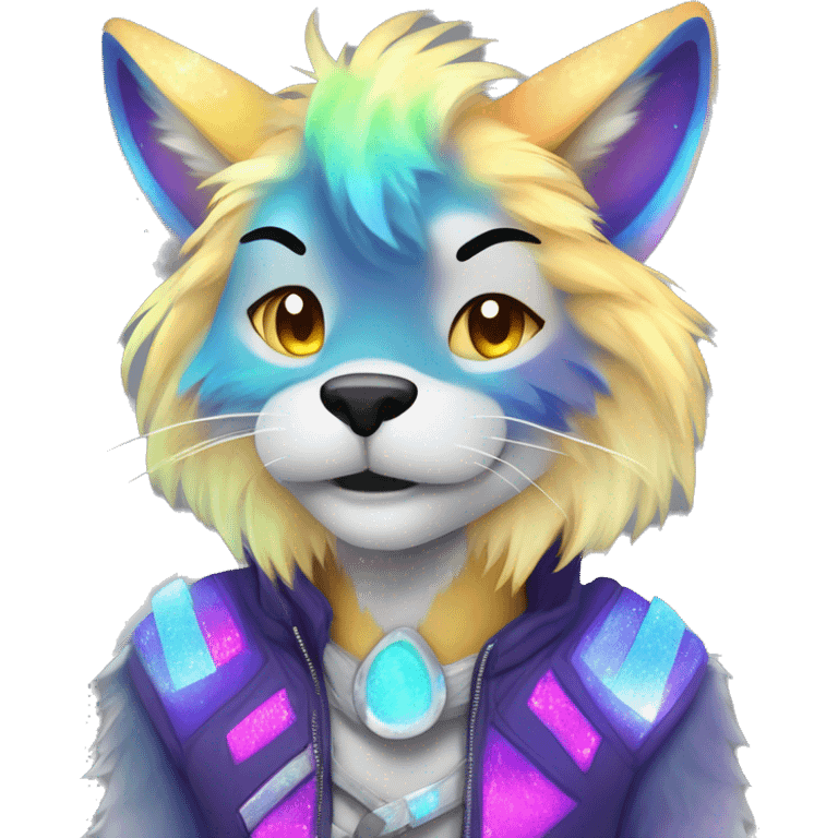 Furry, sparkle, iridescent, colorful, neon, edgy, cool, beautiful, divine, animal, anthro, full body, fursona, protogen emoji