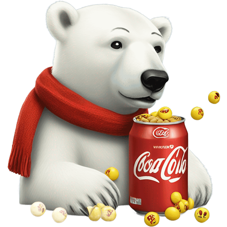 Polar bear in coke scarf kissing the yellow peanut m&m emoji