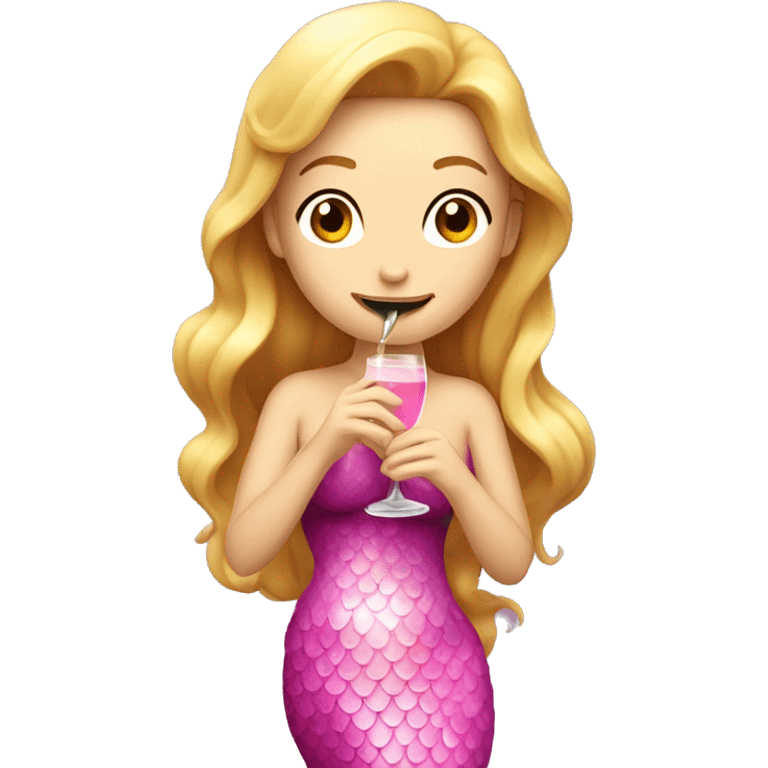 A caucasian mermaid drinking champagne dressed in pink emoji