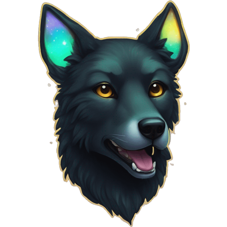 Black iridescent fluffy dog fox head zombie skull skeleton gold mechanical nebula galaxy stars colorful flowers fairy lights vintage emoji