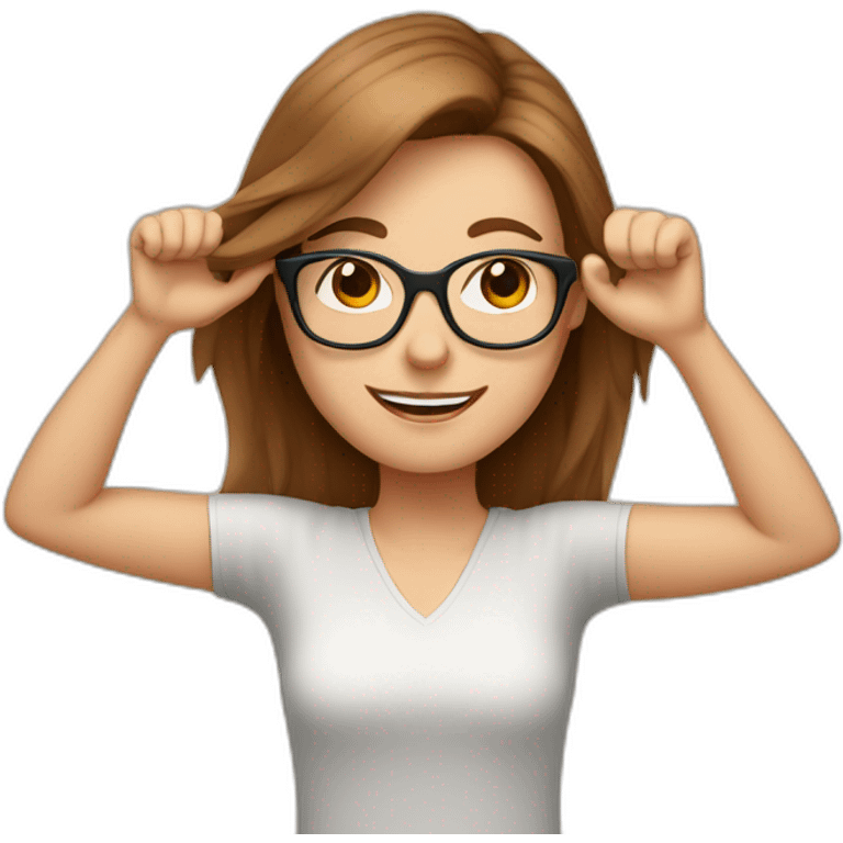 white girl with glasses and brown hair celebrating arms up emoji