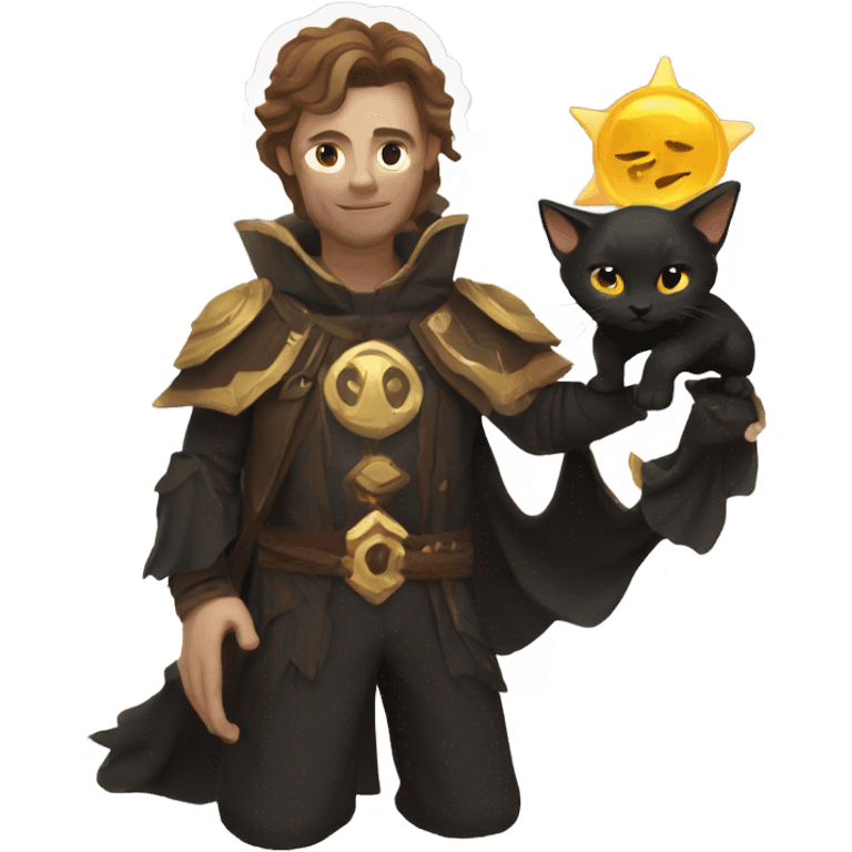 A sun warlock who is pale with brown hair and is holding a black kitten emoji