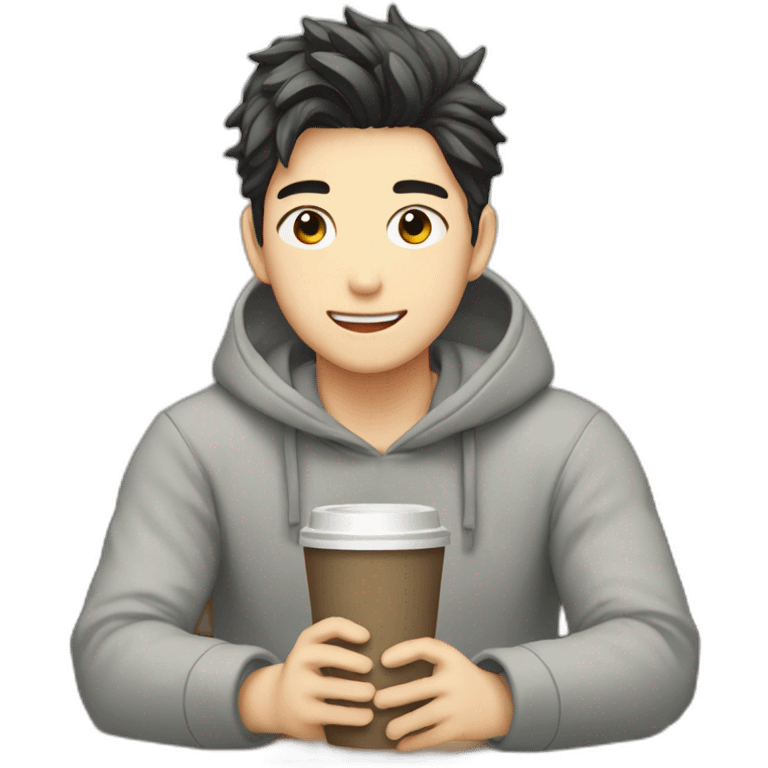 1boy, bishounen, casual, indoors, sitting, coffee shop emoji