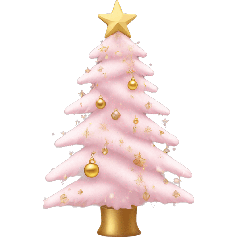 A Christmas tree with pastel pink and gold decorations, delicate ornaments, a star on top, and small twinkling lights. Background includes soft snowflakes. emoji