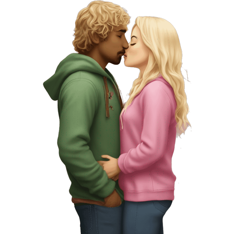 Pippin-hobbit wearing hoodie passionately kissing pretty blonde woman wearing pink top emoji