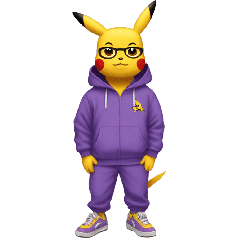 Pikachu wearing a purple nike tracksuit and wearing crocs emoji