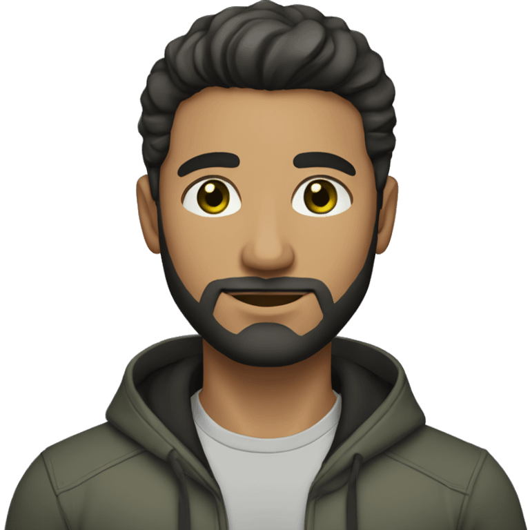 a light brown-skinned man with short, thick straight hair that is mostly black with a little gray, green eyes and a black beard emoji