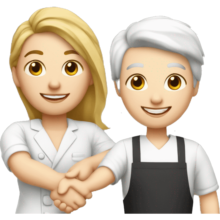 restaurant owner with white skin, and blogger with white skin, shaking hands in great detail emoji