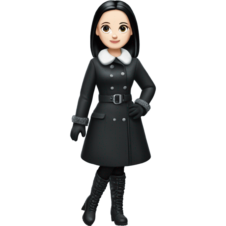 Dazzling Winter Barbie Wednesday Addams.  Wearing coat gloves boots  emoji