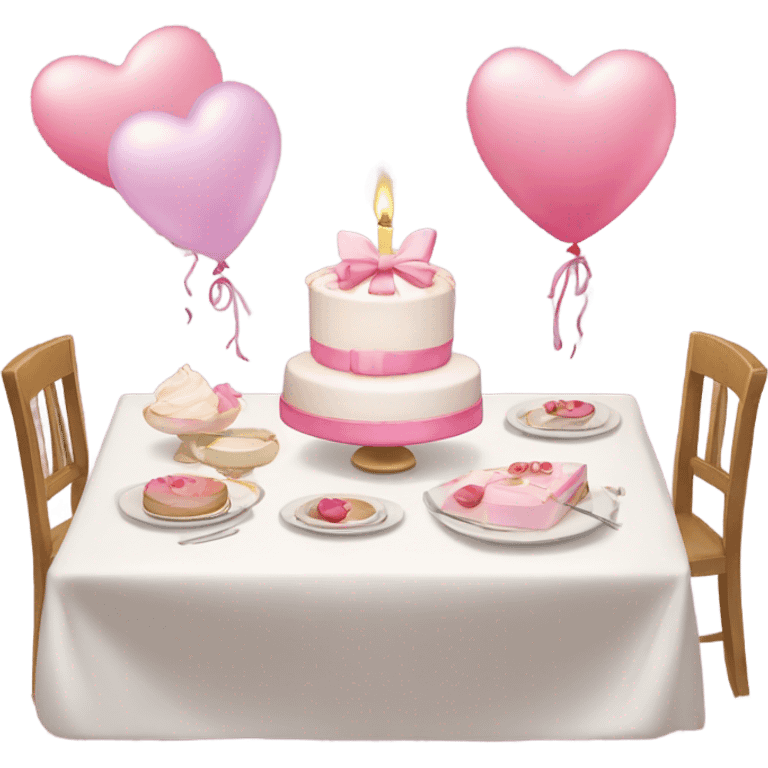 pink romantic party setting for two people and heart balloon  table with white cloth and candle with bows on the table and white Korean cake emoji