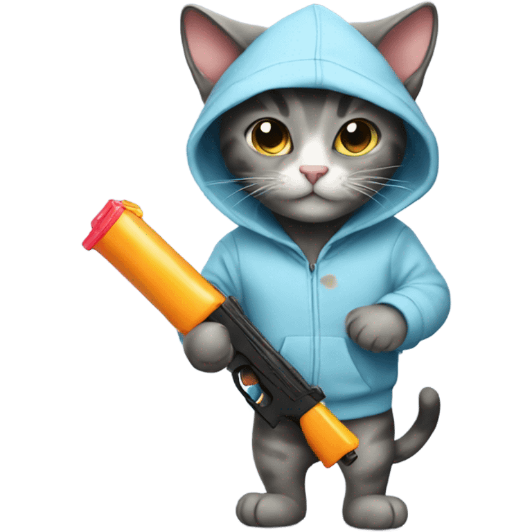 Cat wearing a hoodie with a water gun emoji