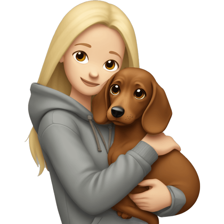 long blonde hair girl dressed in grey hoodie holds and hugs a brown dachschund  emoji