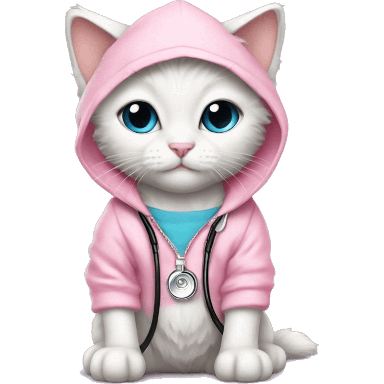 White rag doll kitten wearing pink hoodie diamond headband and stethoscope  emoji