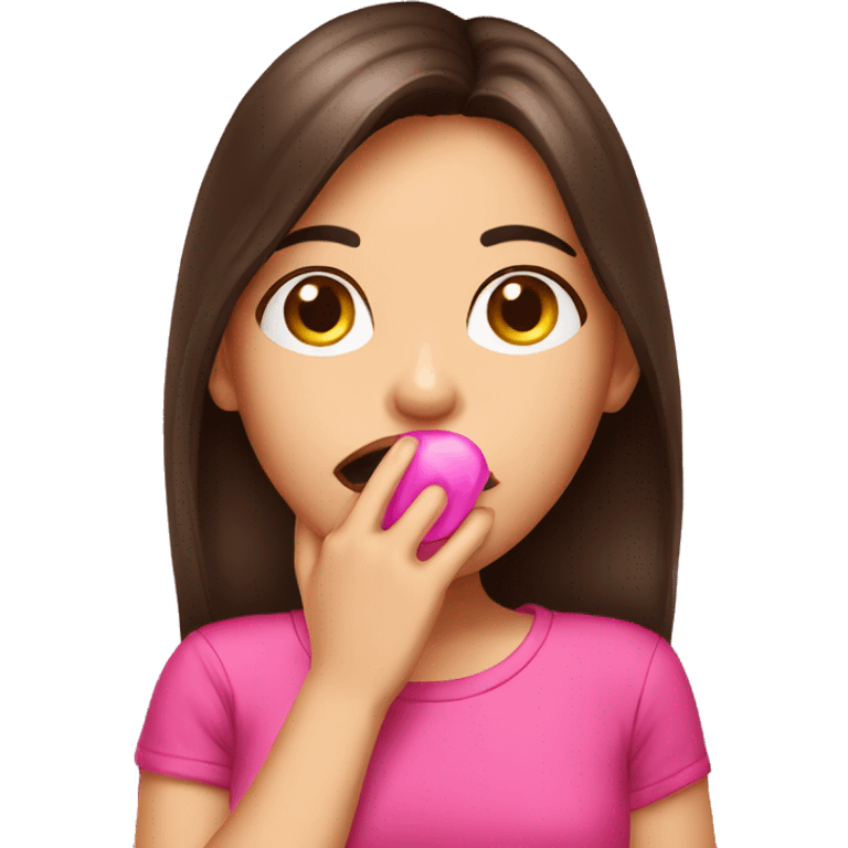 Giggly brunette girl hand on her mouth wearing pink emoji