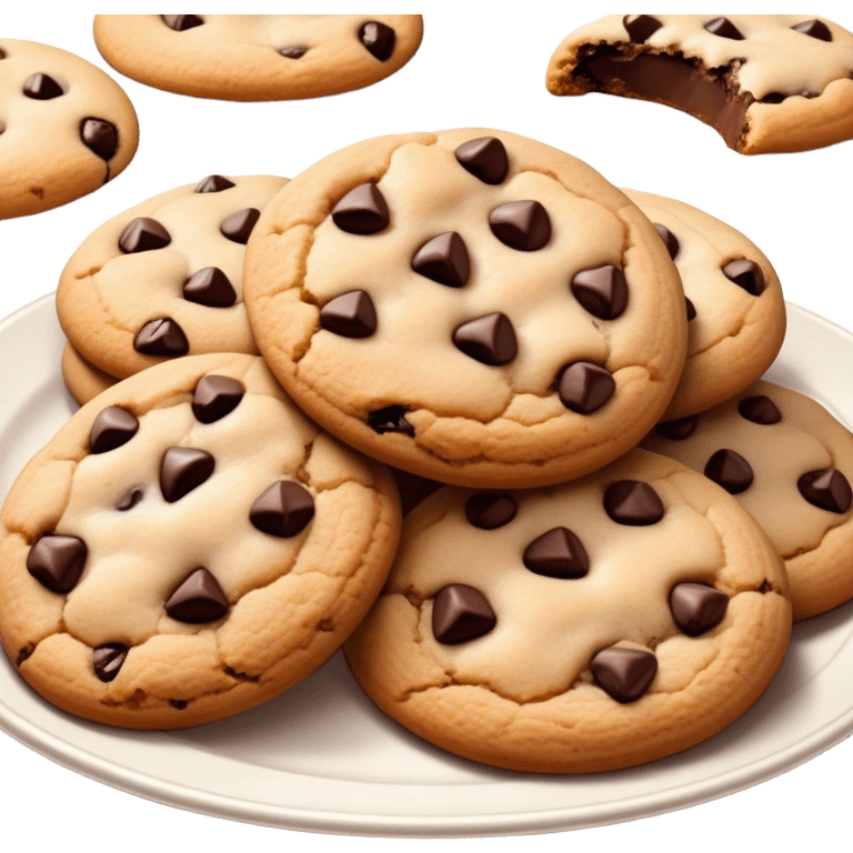 Cinematic Realistic Cookies Dessert Emoji, showcasing a plate of freshly baked cookies with gooey chocolate chips rendered with lifelike textures and warm, homey lighting. emoji