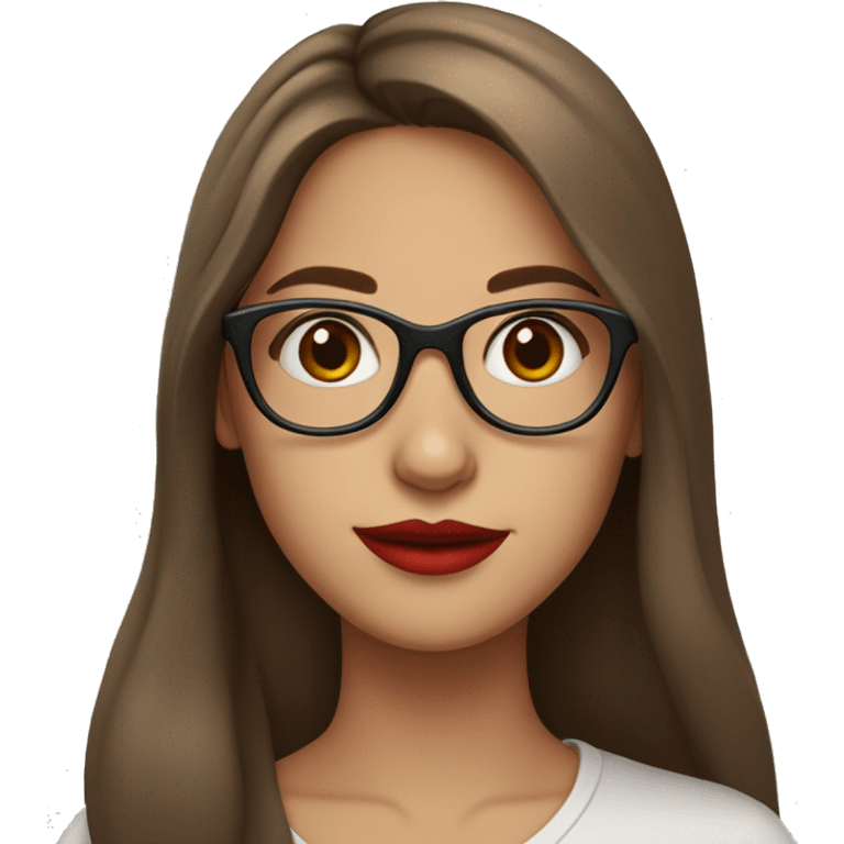 23 years old girl with long brown hair, glasses with thin frame, and red lipstick  emoji