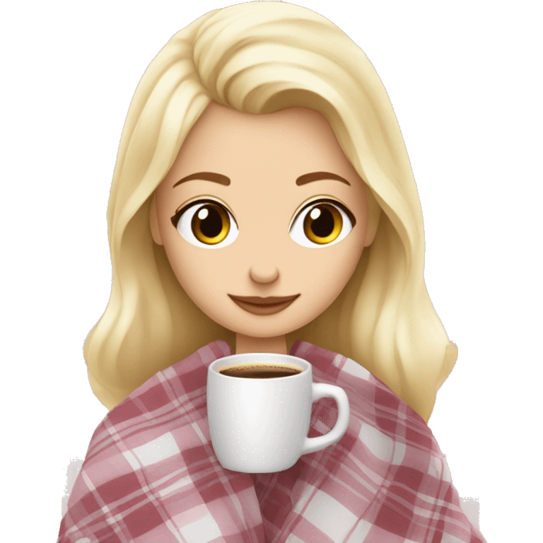 cute blonde girl wrapped in pastel pink plaid blanket drinking coffee emoji