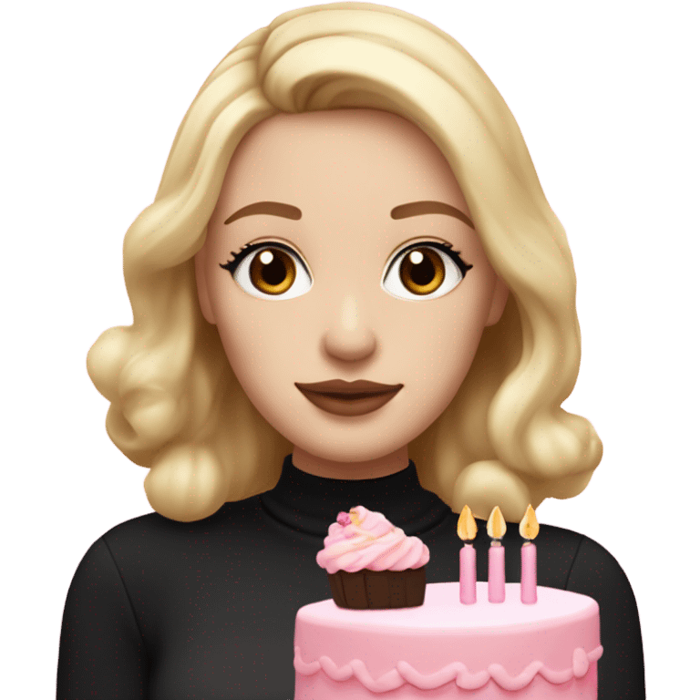 White girl with blonde medium length straight hair, pink lips, dark eyes, black turtleneck, white and pink birthday cake in hands emoji