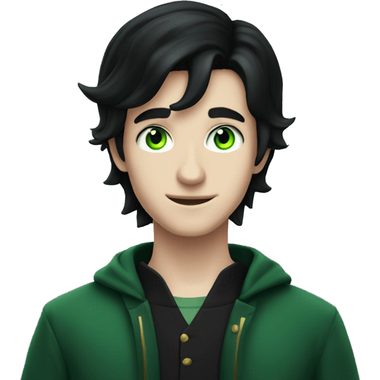 teenage white-skinned magician with black hair, green eyes in dark green disguise emoji