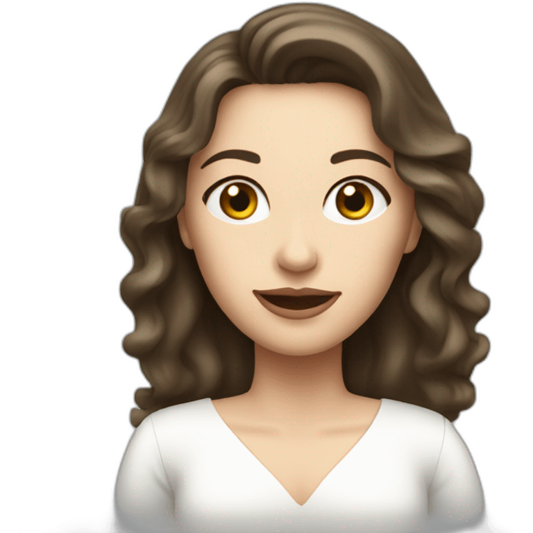 White Brunette woman in a white dress talking to a camera emoji